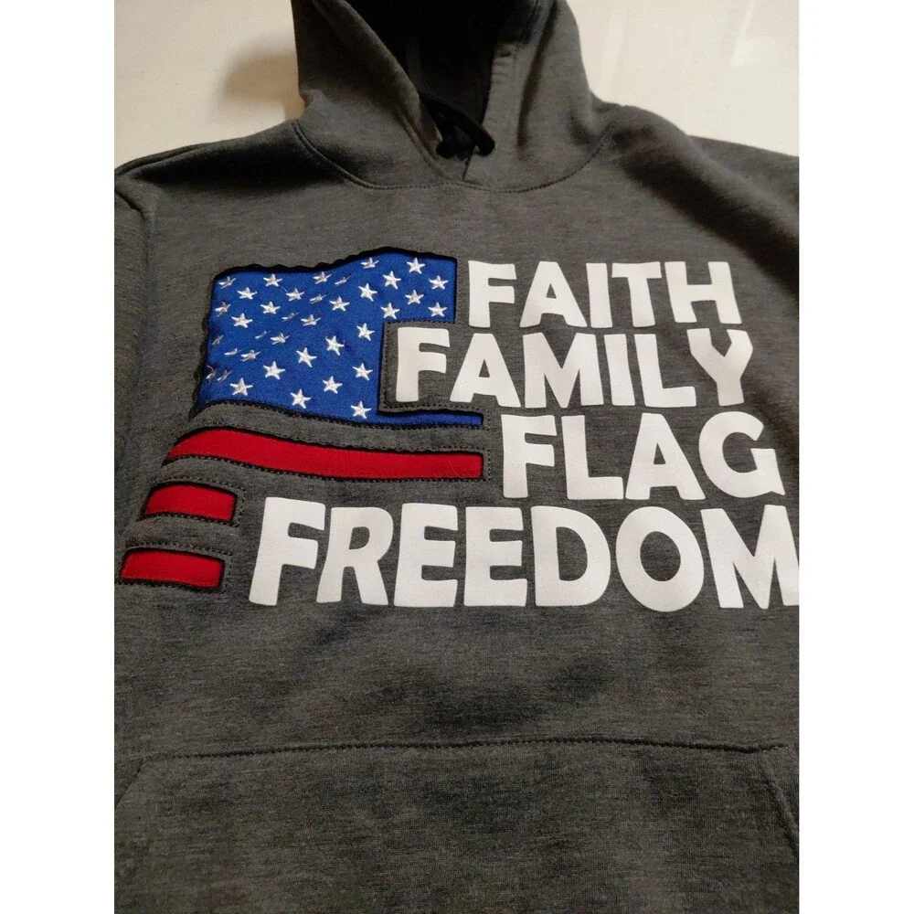 American Legends Sweatshirt Men’s XL Gray Hooded Faith Family Flag Freedom